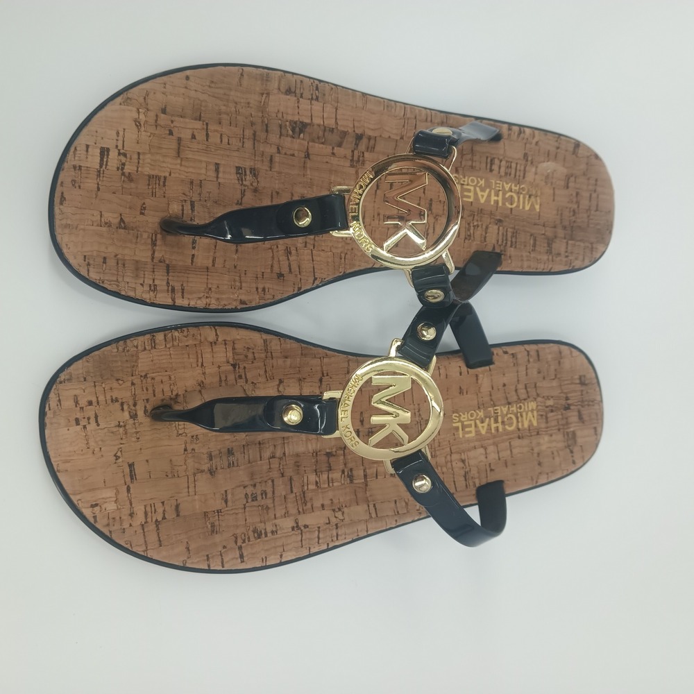 Michael Kors Women Black PVC Cork Print Thong Jelly Sandals Gold MK Logo 6M
